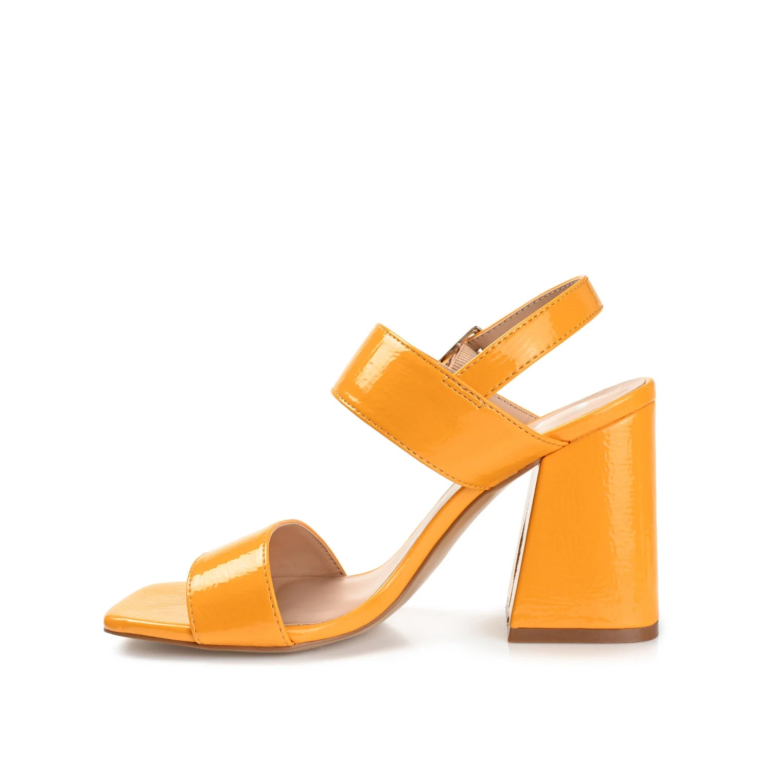 ADRAS STRAPPY BLOCK HEELS IN PATENT - Orange Patent - Image 3