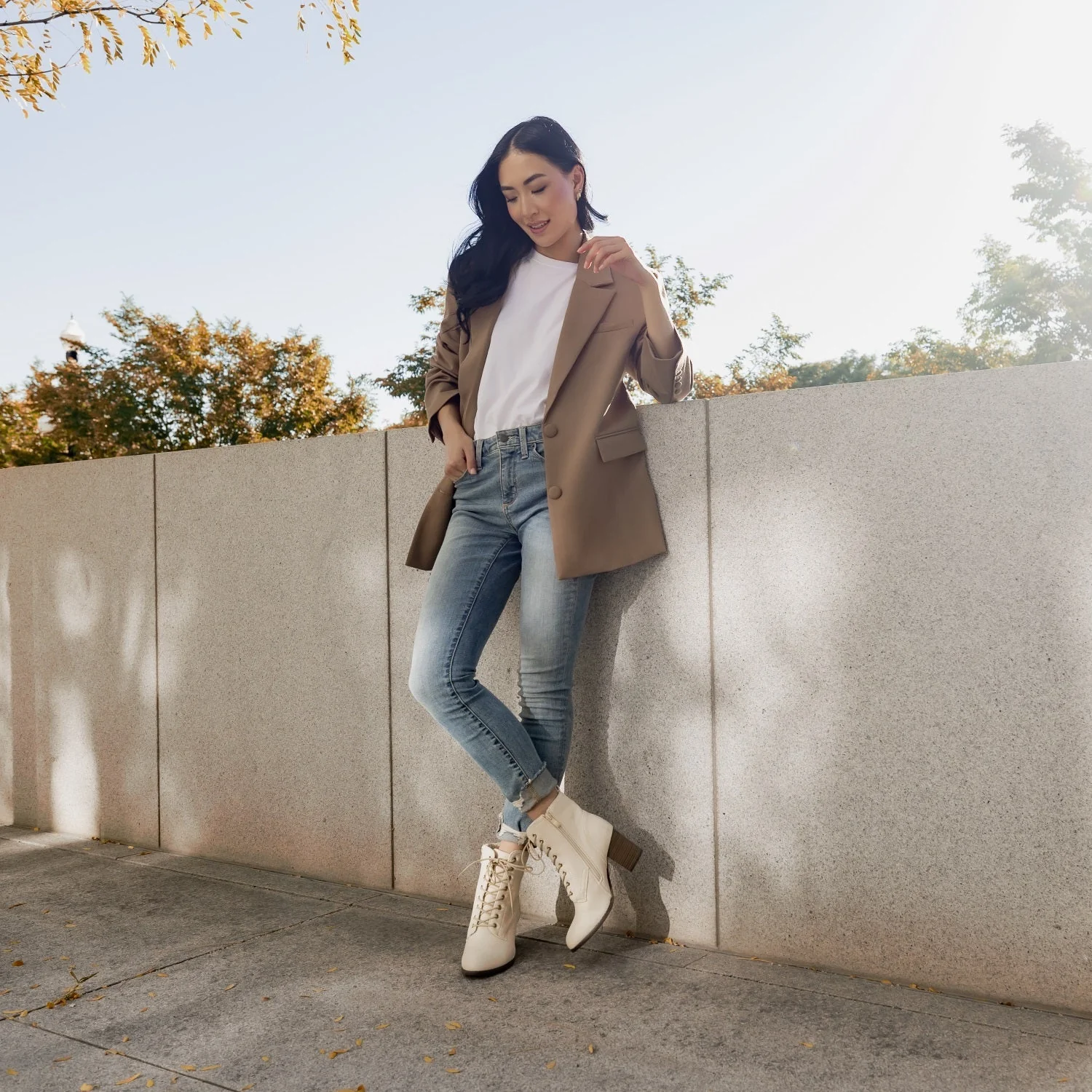 BAYLOR LACE-UP BOOTIES IN WIDE - Bone Faux Suede - Image 2