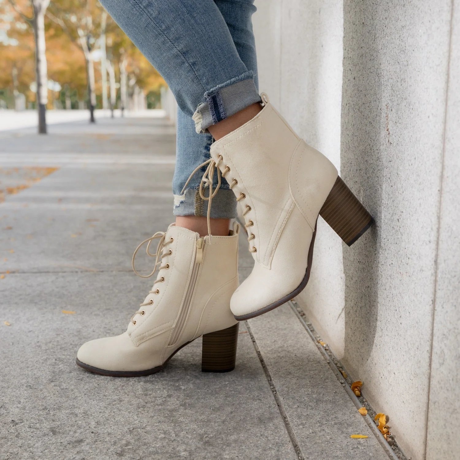 BAYLOR LACE-UP BOOTIES IN WIDE - Bone Faux Suede - Image 6