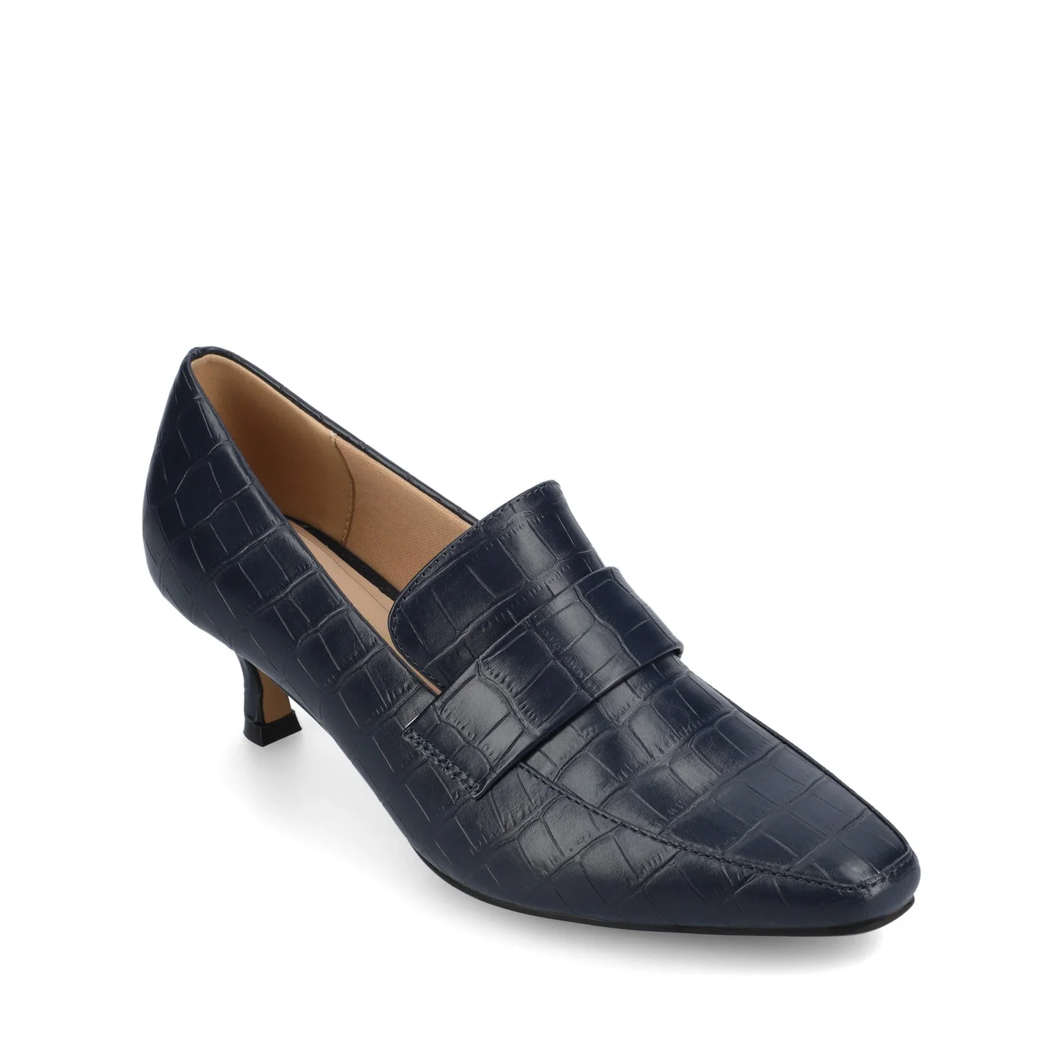 CELINA KITTEN LOAFER HEELS IN CROCO STATEMENT WIDE - Navy Nubuck - Image 2