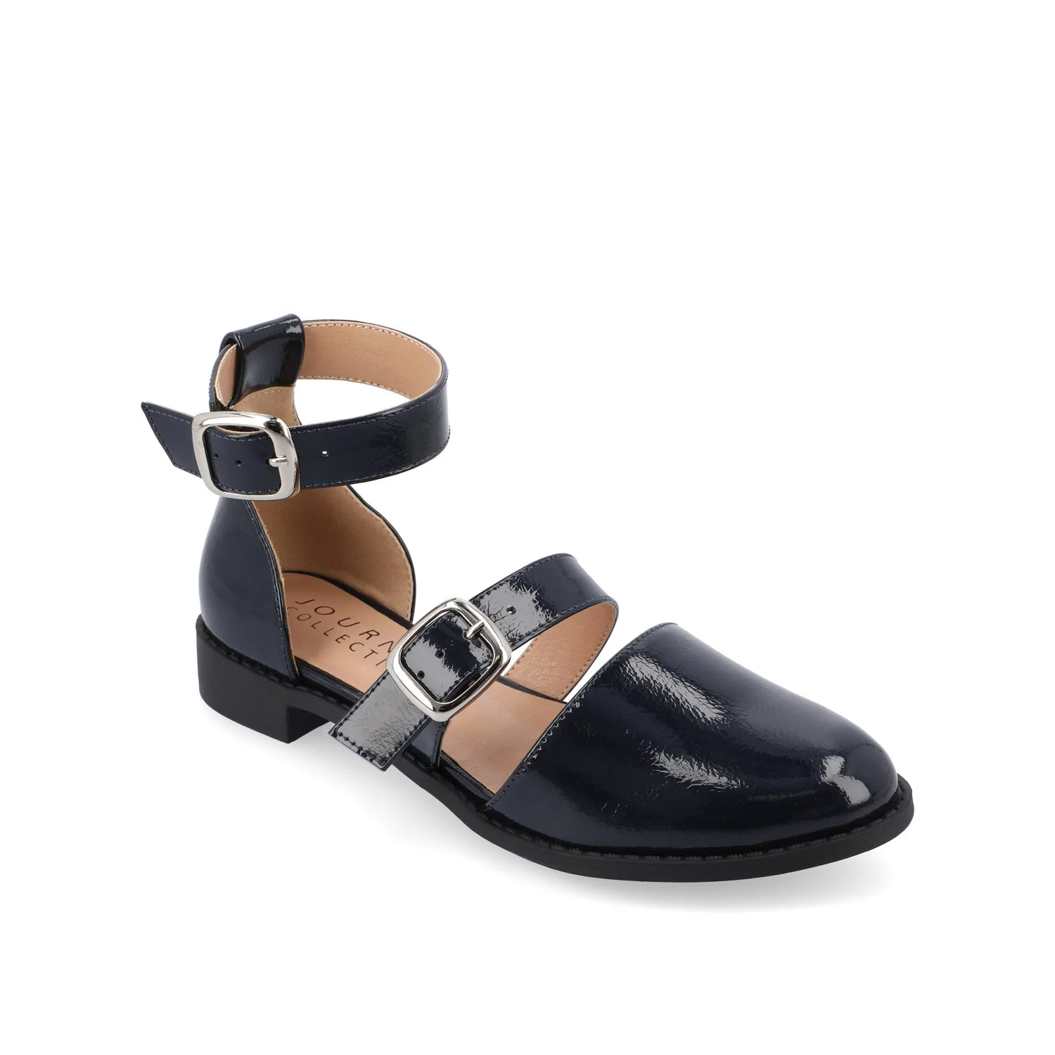 CONSTANCE MARY JANE LOAFER FLAT IN PATENT - Navy Nubuck - Image 2