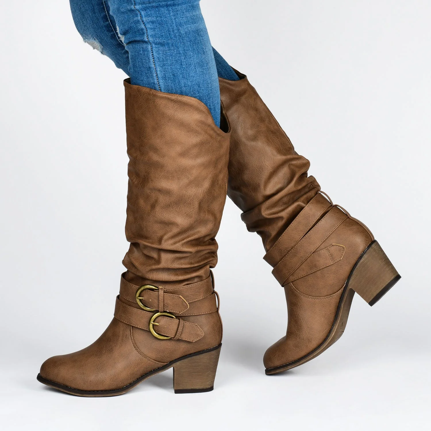 LATE KNEE-HIGH BOOTS IN WIDE WIDTH & CALF - Dark-Brown PU - Image 3
