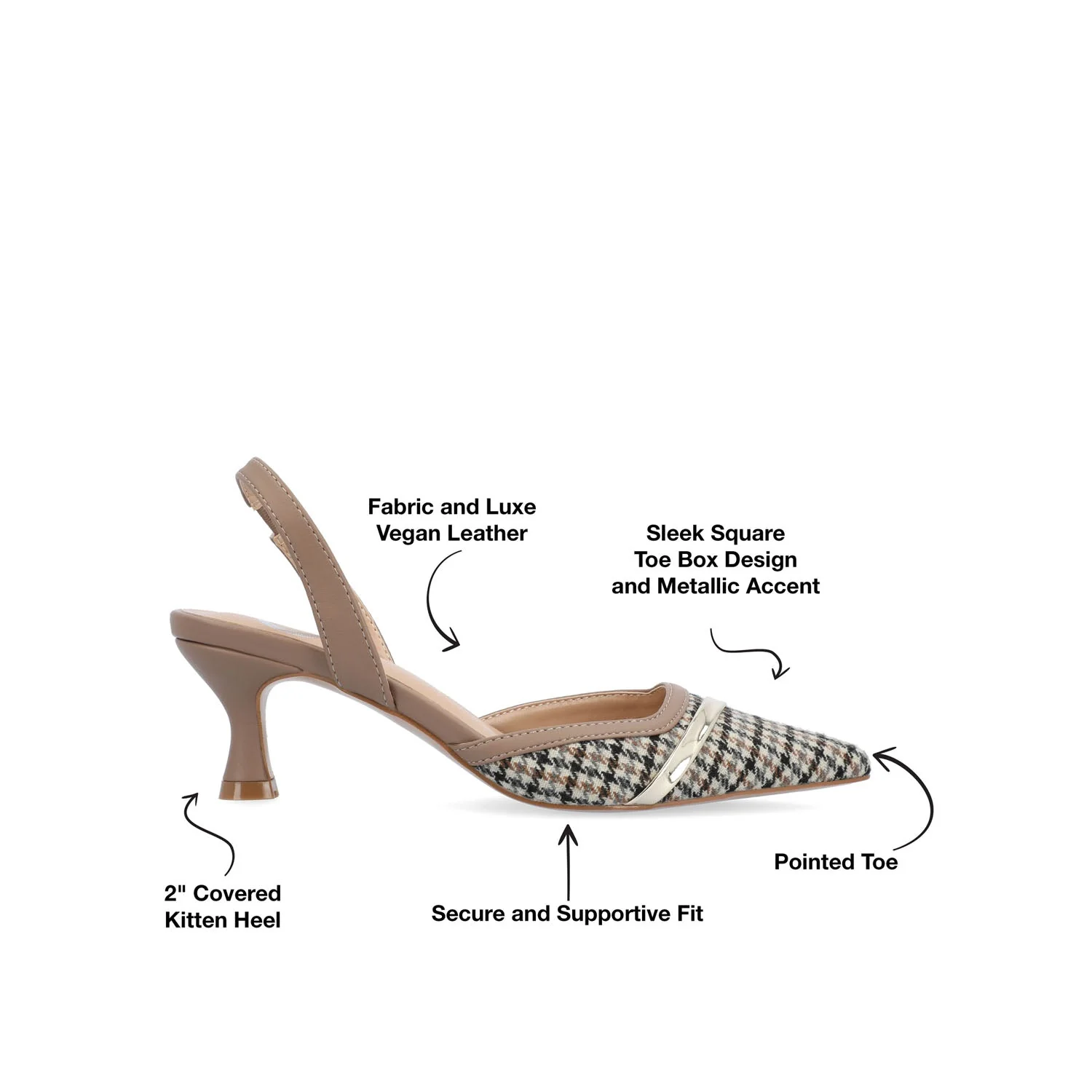 NELLIA TWEED SLINGBACK KITTEN HEELS IN WIDE - Taupe Houndstooth Tweed - Image 9