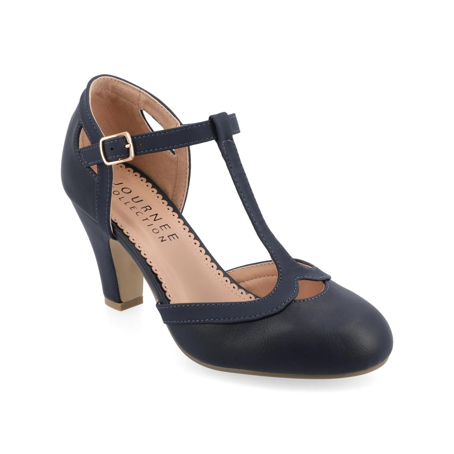 OLINA T-STRAP PUMP HEELS IN VEGAN LEATHER - Navy Nubuck - Image 2