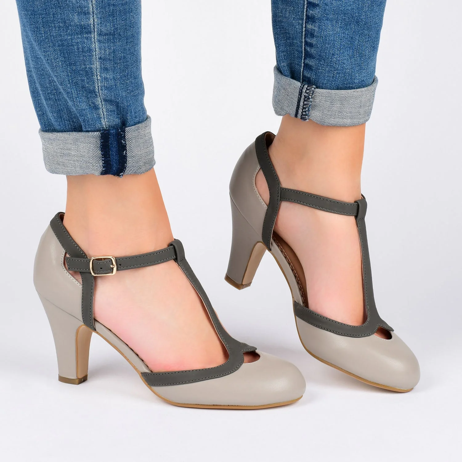 OLINA T-STRAP PUMP HEELS IN VEGAN LEATHER - Nude - Image 2