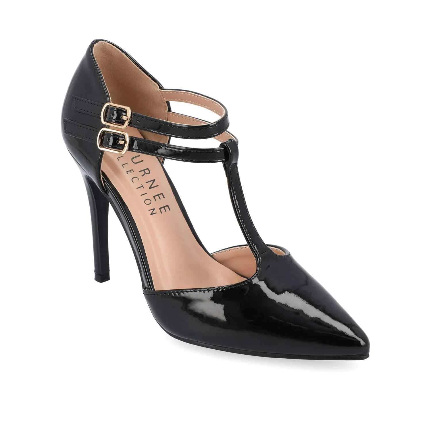 TRU T-STRAP STILETTO PUMP HEELS IN PATENT - Black - Image 2