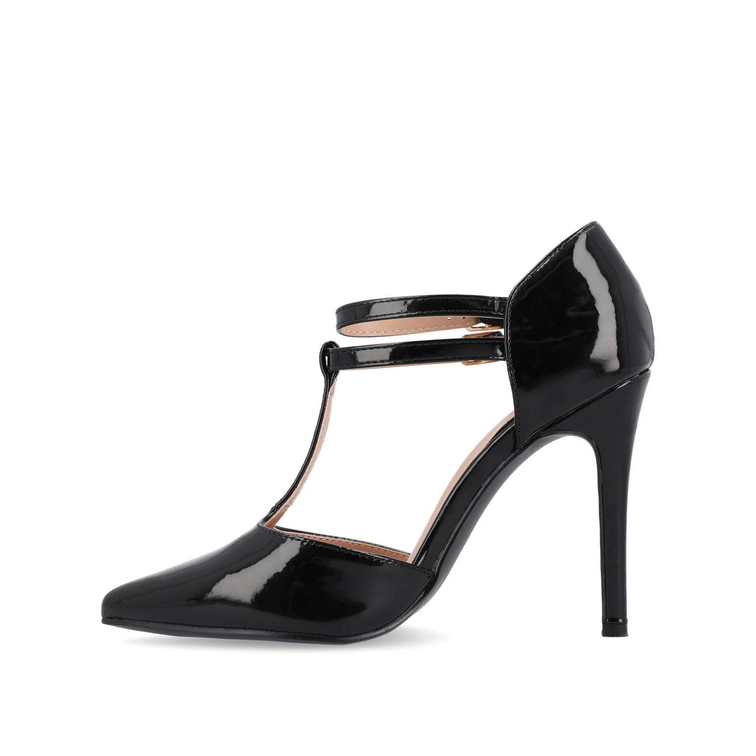 TRU T-STRAP STILETTO PUMP HEELS IN PATENT - Black - Image 3