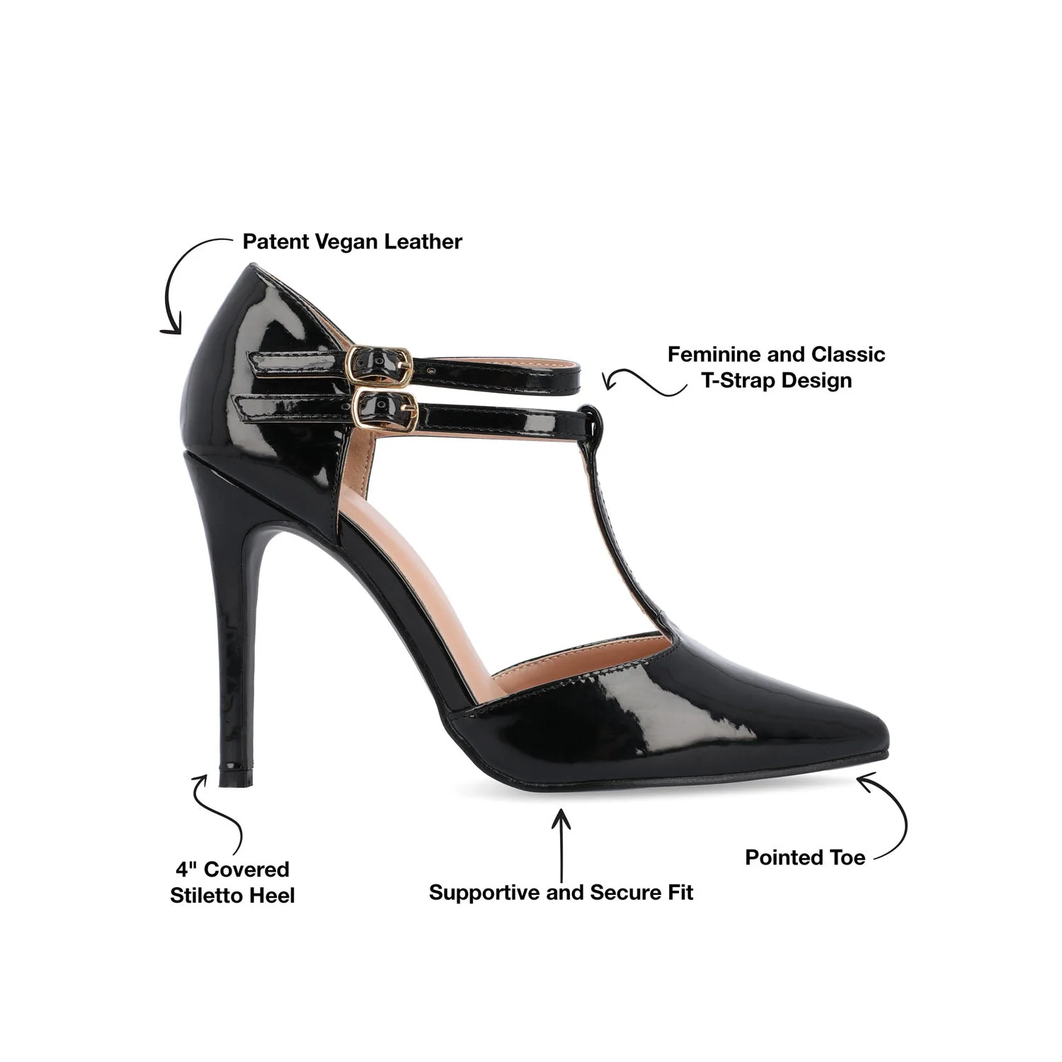 TRU T-STRAP STILETTO PUMP HEELS IN PATENT - Black - Image 9