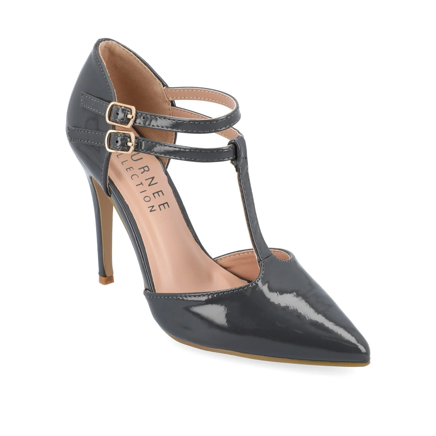 TRU T-STRAP STILETTO PUMP HEELS IN PATENT - Grey - Image 2