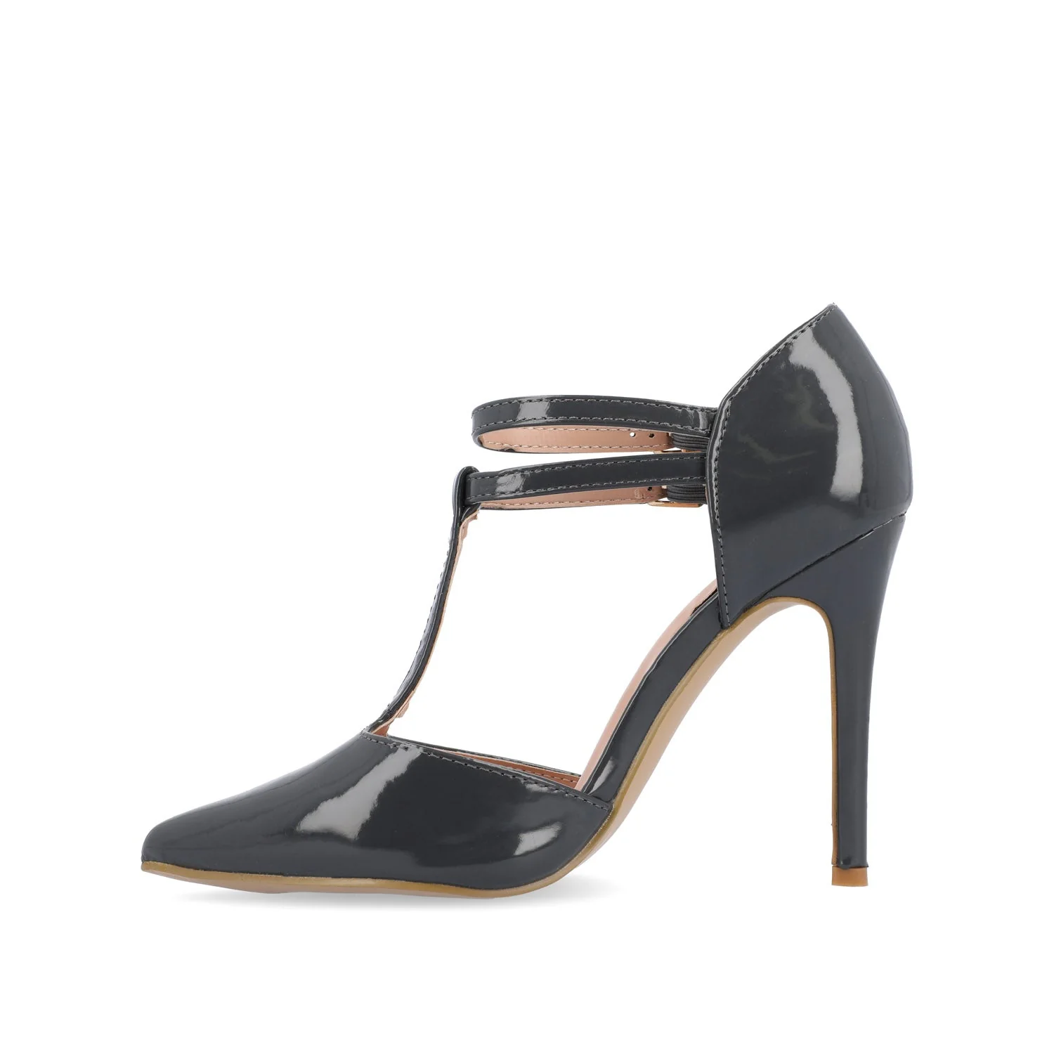 TRU T-STRAP STILETTO PUMP HEELS IN PATENT - Grey - Image 3