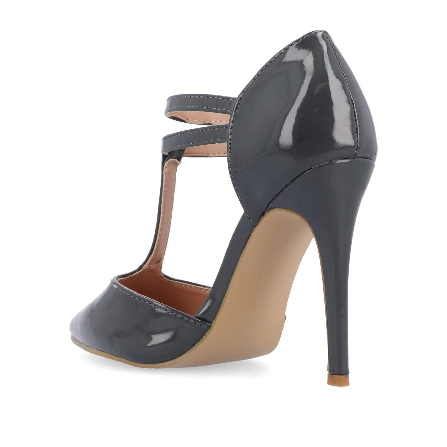 TRU T-STRAP STILETTO PUMP HEELS IN PATENT - Grey - Image 4