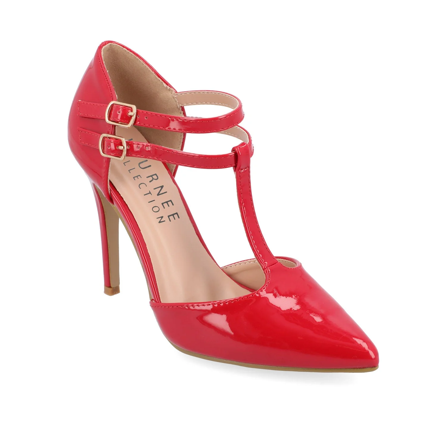 TRU T-STRAP STILETTO PUMP HEELS IN PATENT - Red - Image 2