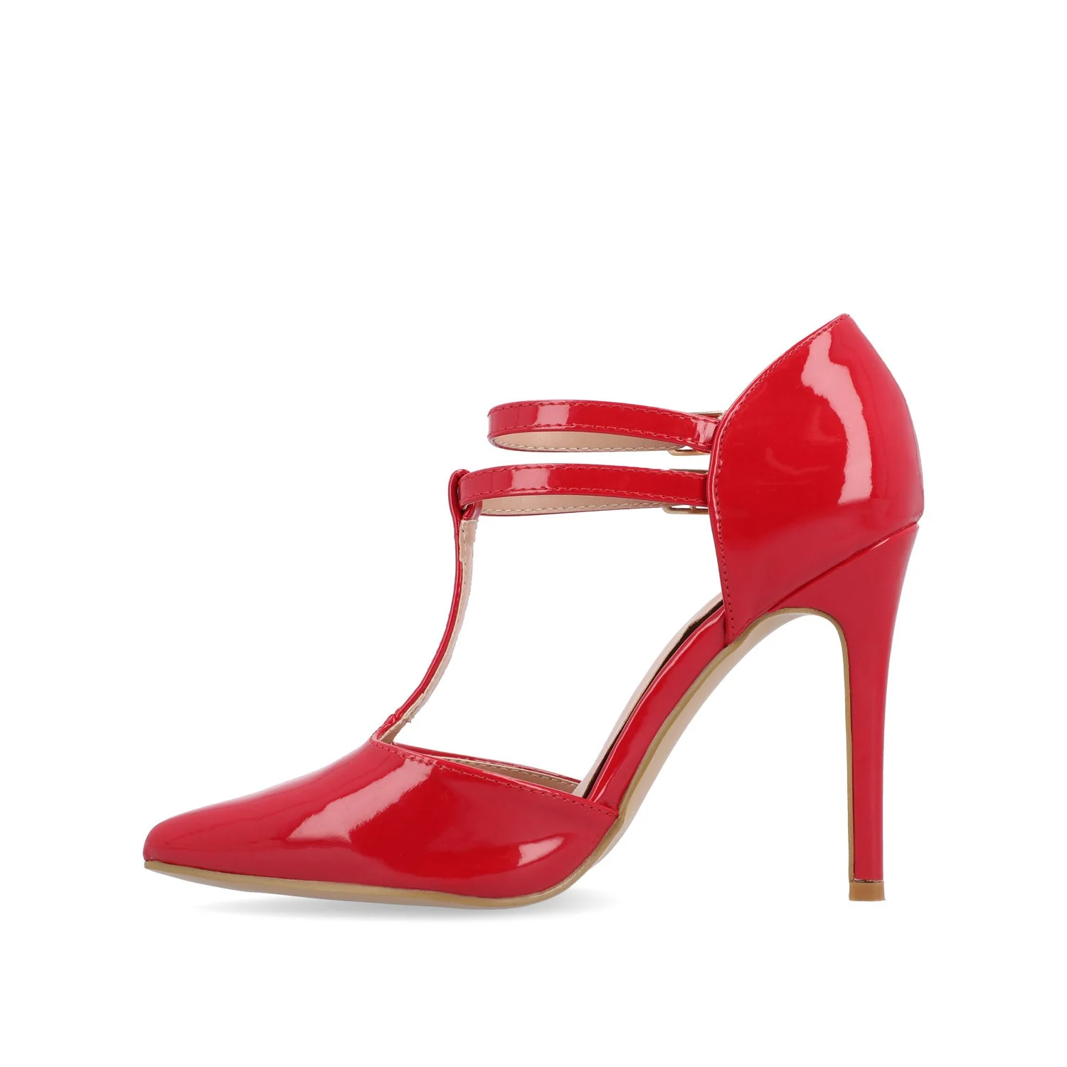 TRU T-STRAP STILETTO PUMP HEELS IN PATENT - Red - Image 3