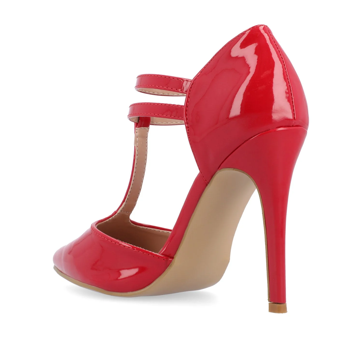 TRU T-STRAP STILETTO PUMP HEELS IN PATENT - Red - Image 4